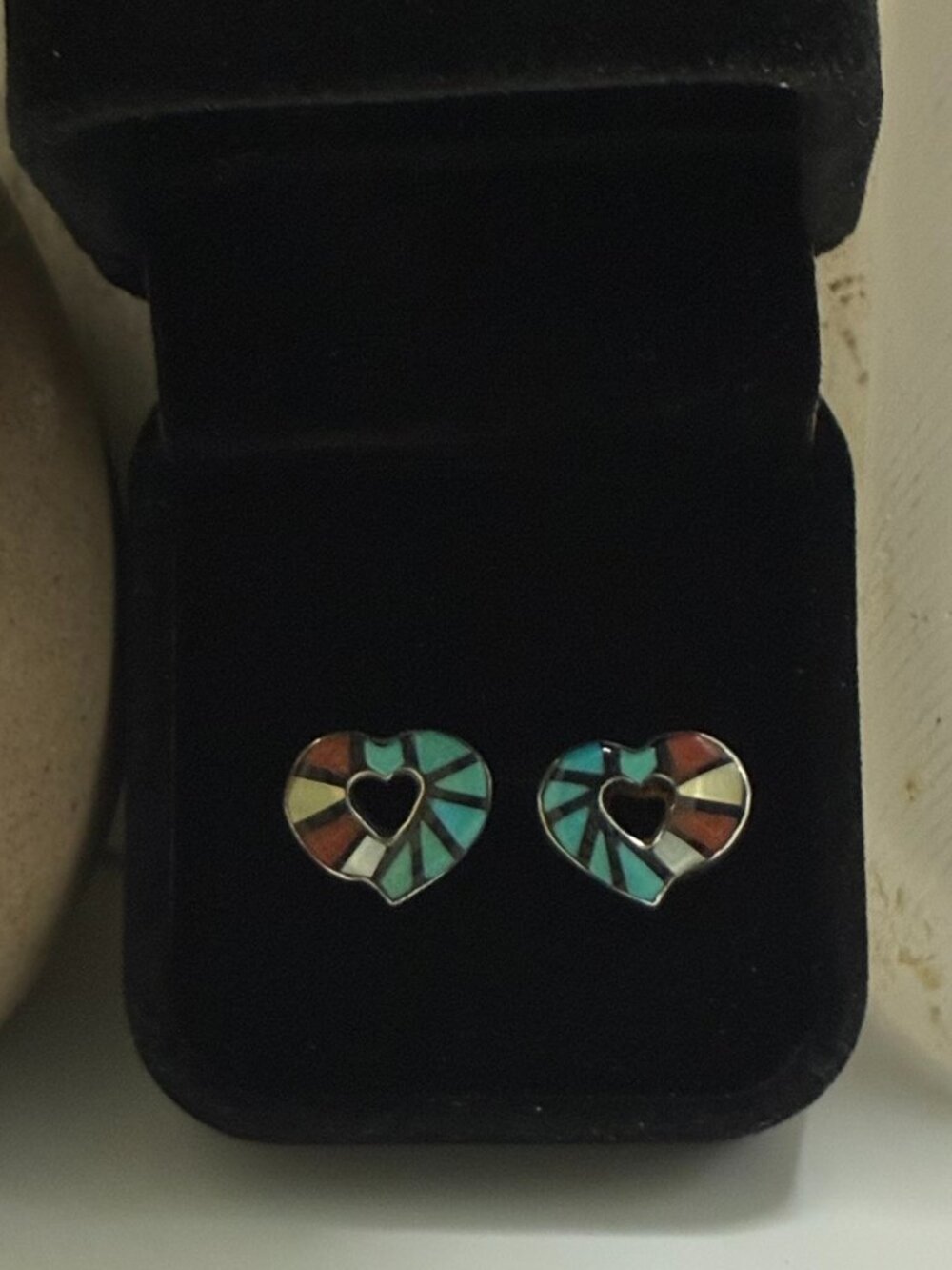 Vintage Sunbell Sterling Silver Turquoise Multi Stone Inlay Heart Stud Earrings